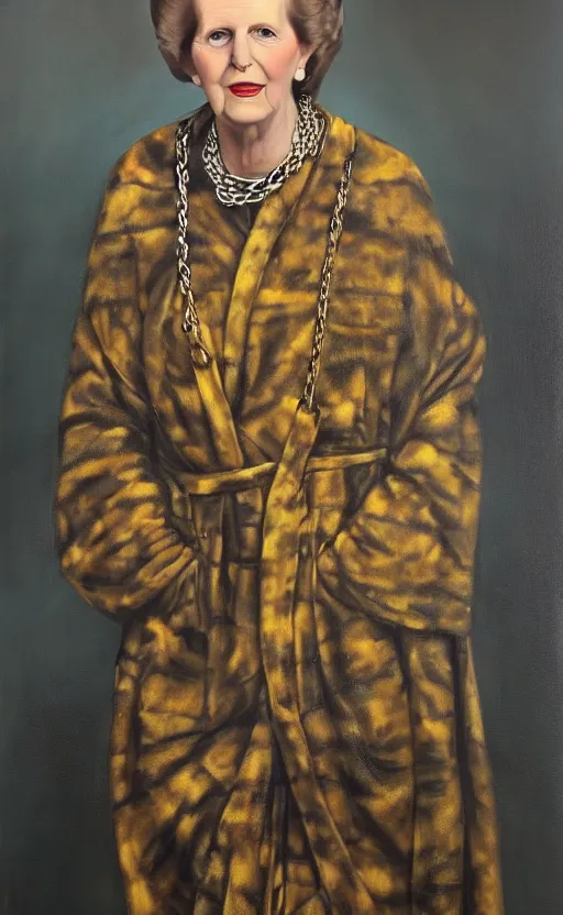 Image similar to an oil portrait of margaret thatcher in ceremonial robe keeping distressed servals in chains at her feet, high quality, artstation, higly detailed, dark lighting