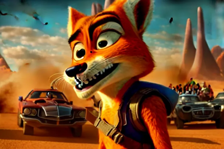 Image similar to nick wilde ( from zootopia ), heavily armed and armored facing down armageddon in a dark and gritty reboot from the makers of mad max : fury road