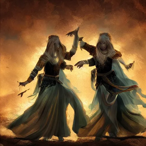 Image similar to two identical beautiful priestesses having a battle, detailed digital art, smooth, beautiful lighting