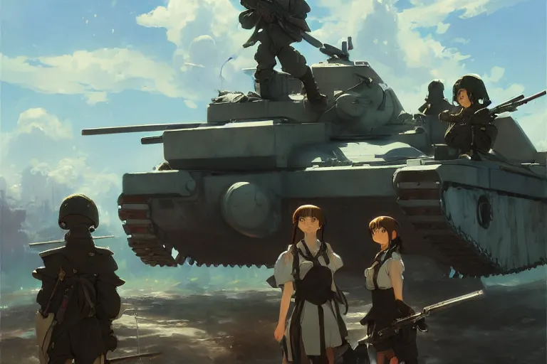 Image similar to baroque oil painting of anime key visual concept art of anime maid soldiers sat inside a tank on the battlefront, official art, trending on artstation, palette knife and brush strokes, oil on canvas, style of makoto shinkai greg rutkowski studio ghibli