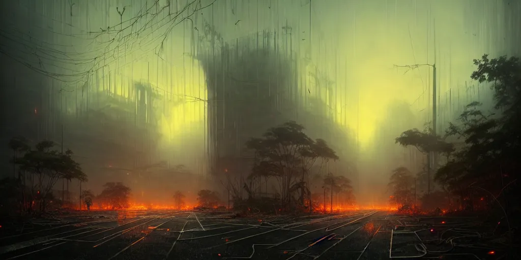 Prompt: ruins of a modern city at dusk, overgrown, cracked roads with weeds, glowing fungus, misty, glowing horizon, fireflies, ultra high definition, ultra detailed, symmetry, sci - fi, dark fantasy, by greg rutkowski and ross tran
