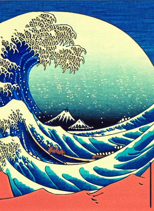 Image similar to a painting of waves in the ocean with mountains in the background, a woodcut by utagawa hiroshige ii, pixiv, ukiyoe, ukiyoe, vaporwave, woodcut