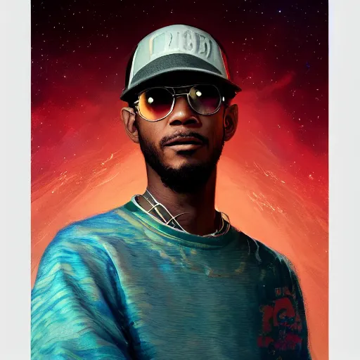 Image similar to scifi character portrait of Kid Cudi wearing a jordy leforge visor, intricate, wild, highly detailed, digital painting, artstation, concept art, smooth, sharp focus, illustration, art by artgerm and greg rutkowski and alphonse mucha