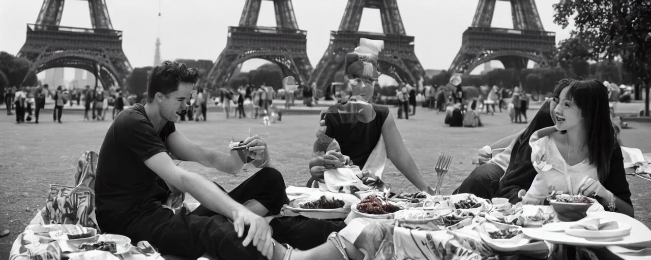 Image similar to young couple enjoying a spaghetti picnic in front of the eiffel tower, high detail, canon 5 0 mm, cinematic lighting, photography, retro, film, kodachrome