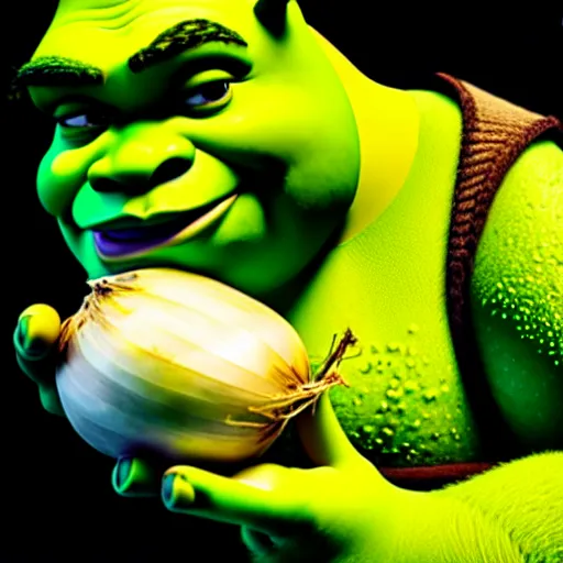 Prompt: a stock photo of shrek eating an onion, 8 k, ultra - realistic, white background, face cluse - up, studio lighting