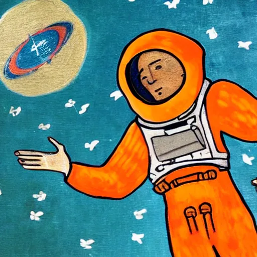 Image similar to a medieval style painting of an astronaut in space wearing an orange space suit