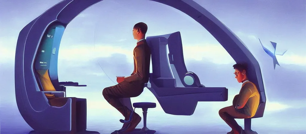 Image similar to an human guy sitting on a futuristic chair getting himself scan to be upload by a futuristic machine with laser to a computer, uploaded, scifi machine, very detailed, award winner on deviantart by geg rutkowski, by rhads