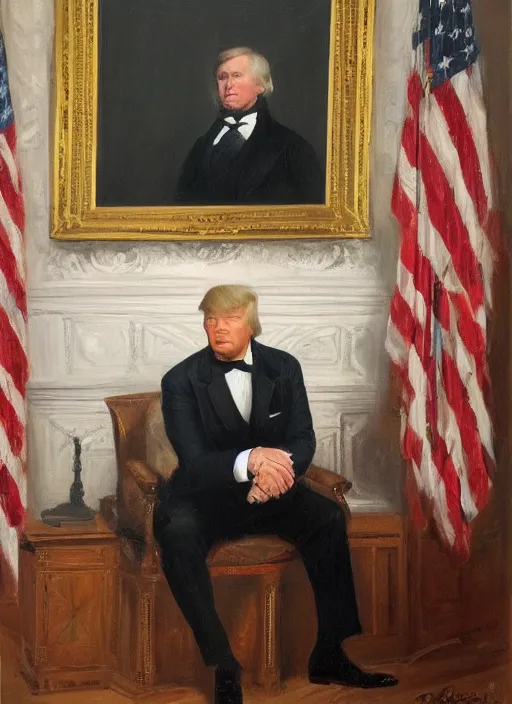 Image similar to portrait of the united states president, 1 8 6 7, donald trump. standing in the oval office. oil on canvas by william sidney mount, trending on artstation