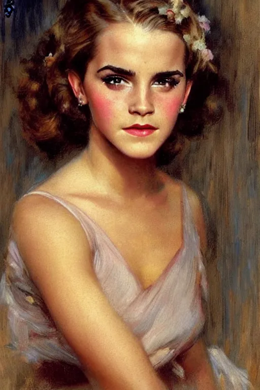 Image similar to detailed portrait of a beautiful emma watson 1 9 5 0 s hairstyle muscular, painting by gaston bussiere, craig mullins, j. c. leyendecker