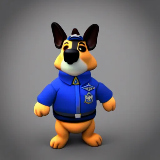 Prompt: police dog german sheperd, 3 d model, cartoony, 4 k, artstation, ultra quality, blue uniform, badge on collar, pixar style, on a highway offramp