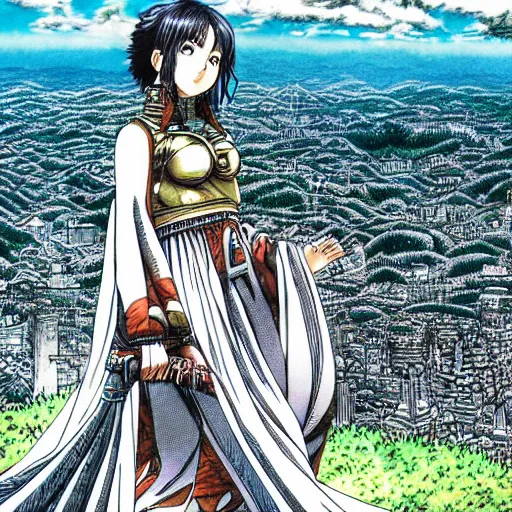 Prompt: beautiful girl looking from the edge of the mountain on the giant night city below, midnight, highly detailed colored manga page, illustration by kentaro miura and hiromu arakawa