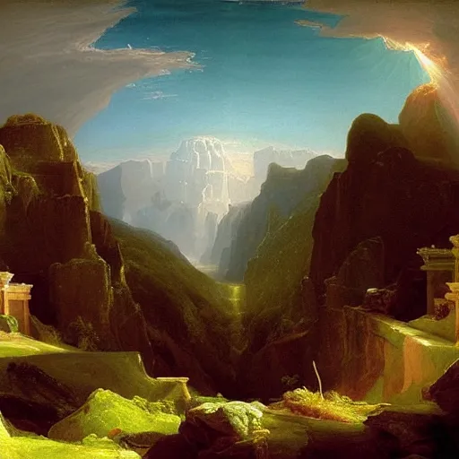 Image similar to - g the home of the gods in the sky, by painter thomas cole