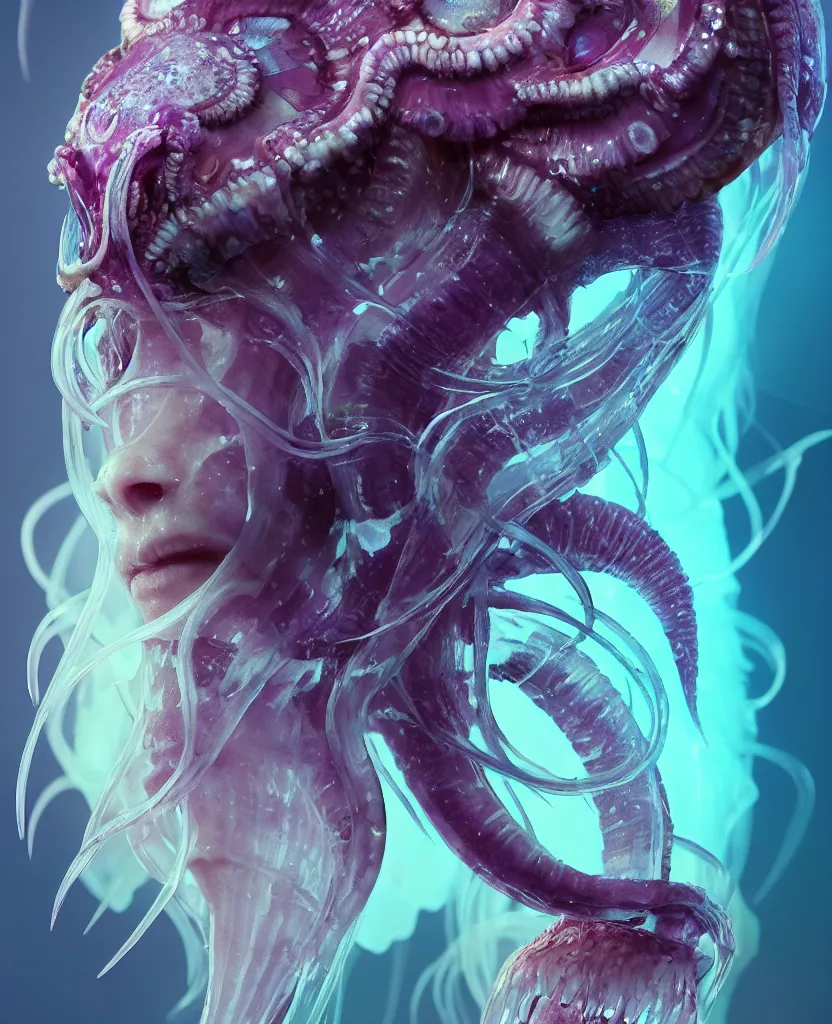 Image similar to goddess close-up portrait ram skull. jellyfish phoenix head, nautilus, orchid, ram skull, betta fish, bioluminiscent creatures, intricate artwork by Tooth Wu and wlop and beeple. octane render, trending on artstation, greg rutkowski very coherent symmetrical artwork. cinematic, hyper realism, high detail, octane render, 8k