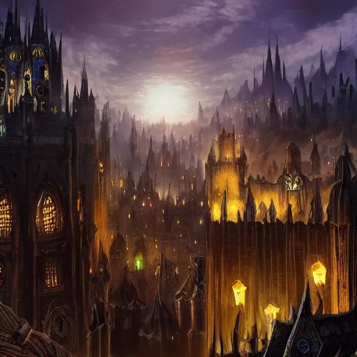 Image similar to fantasy dark medieval gothic cityscape on hill, painting, lights, darkness, lanterns, people in the streets, small buildings, city wall, dark fantasy, magic the gathering, blue tint, detailed, sharp focus, hyperrealistic, fantastic artwork, 4 k, artstation, high fantasy, ravnica, volumetric lighting, strong contrast, dark sky, far shot