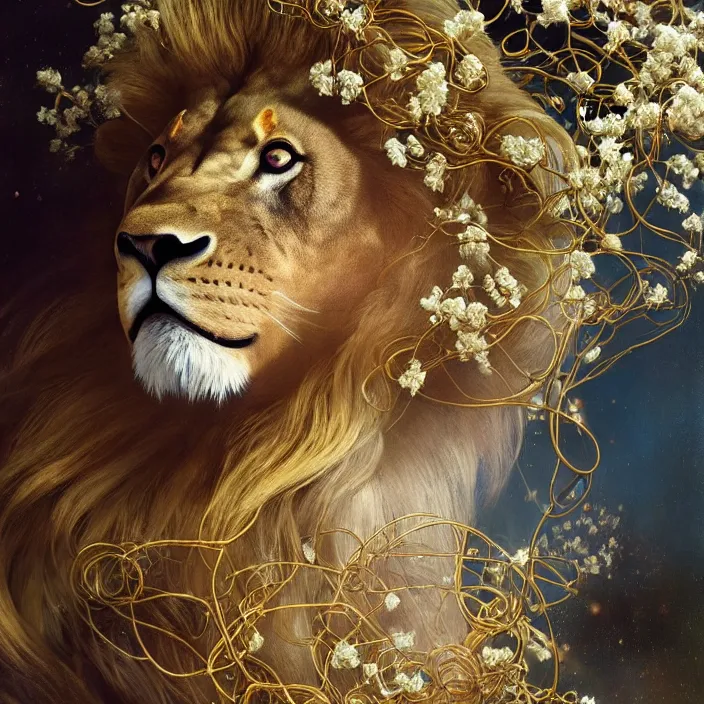 Prompt: hyperrealist portrait of a 2 0 4 4 space sport lion, it is decorated with long gold wires and white flowers that fall like vines and wears a huge computer crown. by jeremy mann and alphonse mucha, fantasy art, photo realistic, dynamic lighting, artstation, poster, volumetric lighting, dramatic light, very detailed faces, 8 k, award winning