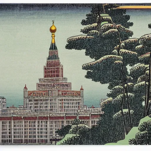 Image similar to moscow state university main building by katsushika hokusai