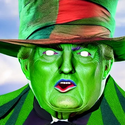 Prompt: wicked witch of the west that looks like trump with green skin, real movie still, photo quality