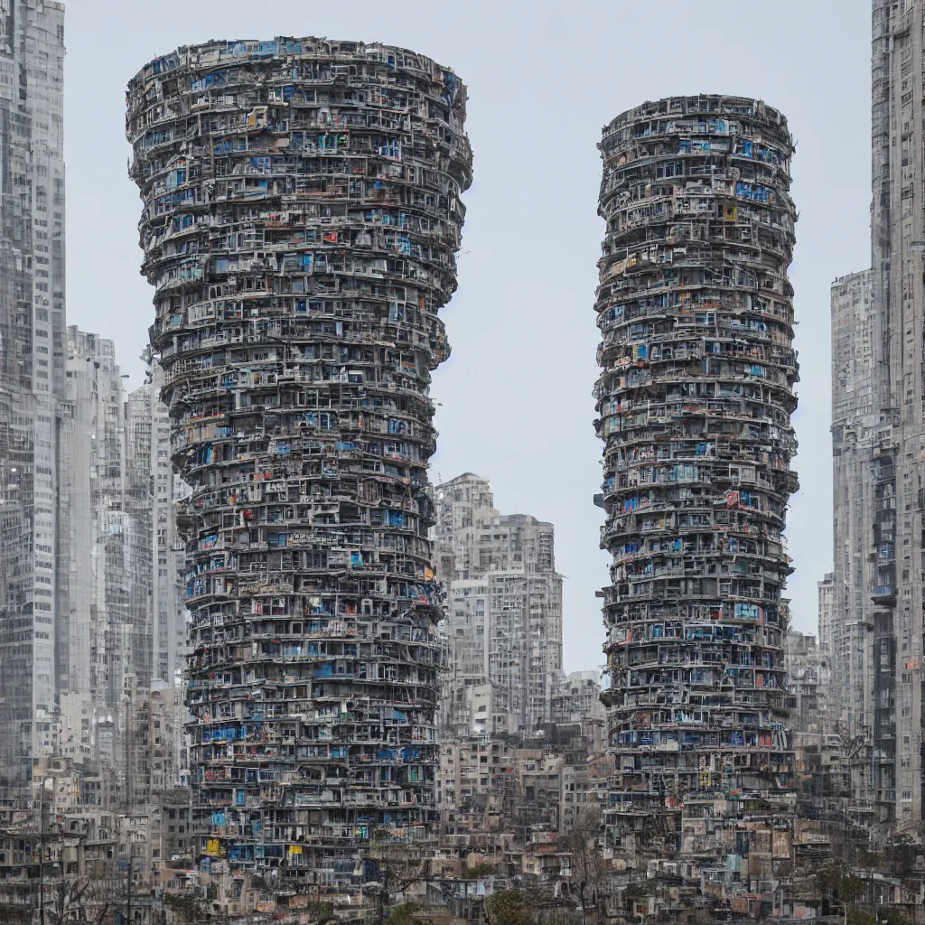 Prompt: a circular tower, made up of colourful makeshift squatter shacks in city downtown, dystopia, sony a 7 r 3, f 1 1, fully frontal view, ultra detailed, photographed by hiroshi sugimoto and,