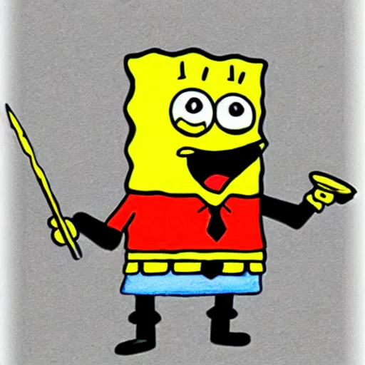 Image similar to crayon drawing of spongebob squarepants holding a kitchen knife