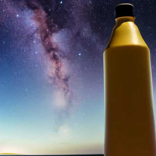 Image similar to a photo of a galaxy in a water bottle on the beach, sunset, award winning photography, 8k