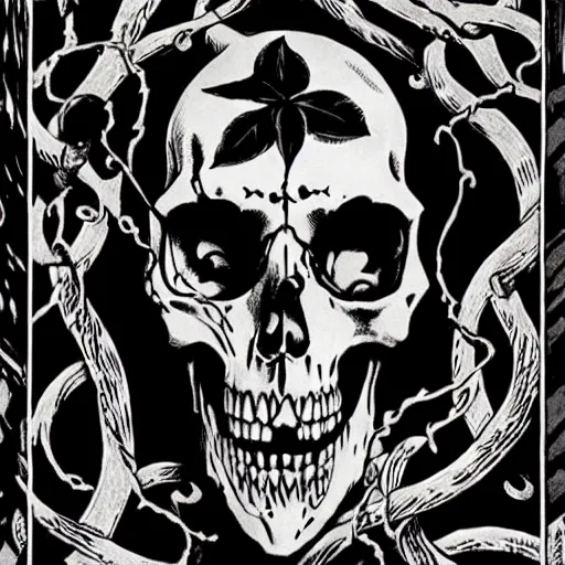 Image similar to A skull, with vines coming out of the eye sockets. Dark Fantasy, Film Noir, Black and White. High Contrast, Mike Mignola, D&D, OSR