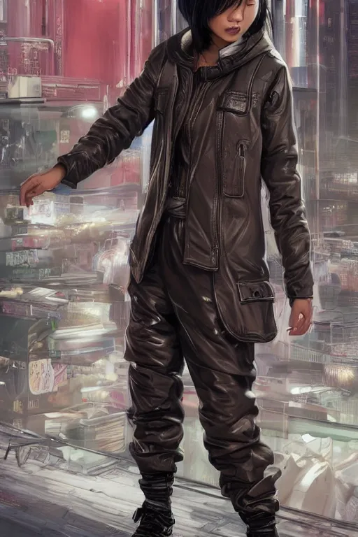 Image similar to a full body illustration of an Asian female cyberpunk character wearing baggy techwear jacket, leather pants and tennis shoes, highly detailed, soft lighting, by Glenn Fabry, HD, 4K