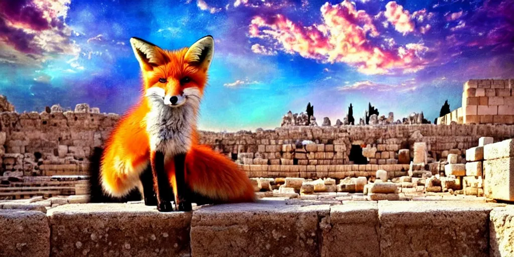 Image similar to a beautiful small fox in the huge ruins of the second temple in jerusalem, dreamy sky, the third temple hovers quietly hiding in the sky above, very colorful painting 8 k trending on art station, intricate superb details, digital art, very very very realistic, cinematic lighting, volumetric lighting, photographic, blur bokeh defocus dof sky by afremov.