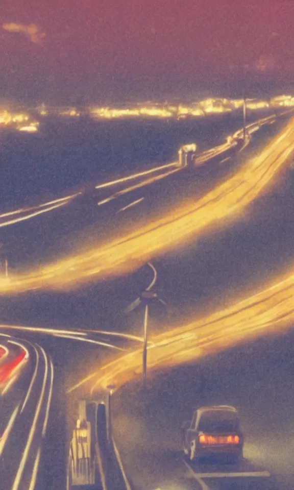 Image similar to screenshot of highway at night in Hayao Miyazaki movie