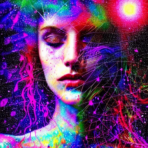 Image similar to girl finding spiritual freedom in psychedelic LSD rain with wet hair and face, morphing to stary complex spiral galaxy, fantasy, intricate, elegant, dramatic lighting, emotionally evoking symbolic metaphor, highly detailed, lifelike, photorealistic, digital painting, artstation, concept art, smooth, sharp focus, illustration, art by John Collier and Albert Aublet and Krenz Cushart and Artem Demura and Alphonse Mucha