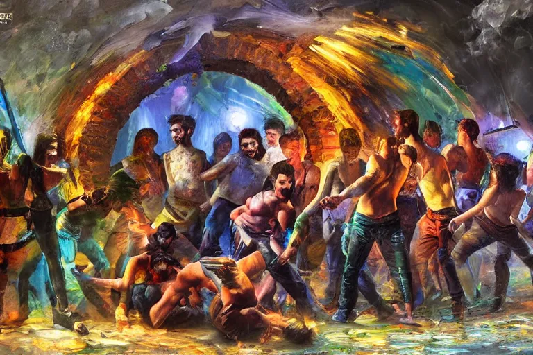 Image similar to palette knife oil painting of a crowd of clubbers surrounding two supernatural fighters in a concave circular fighting pit. concrete, psychedelic lighting, extreme detail, artstation trending, artgerm, any racial background, deviant art, octane, substance, art history 8 k