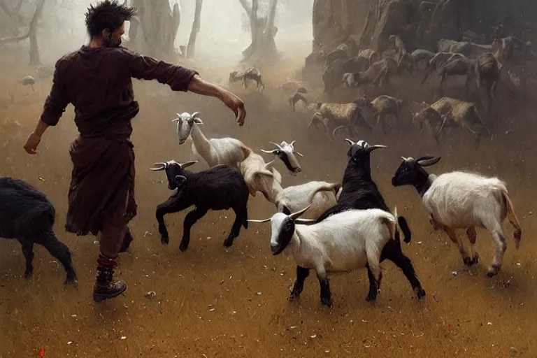 Prompt: madman dancing with goats by greg rutkowski, detailed oil painting masterpiece