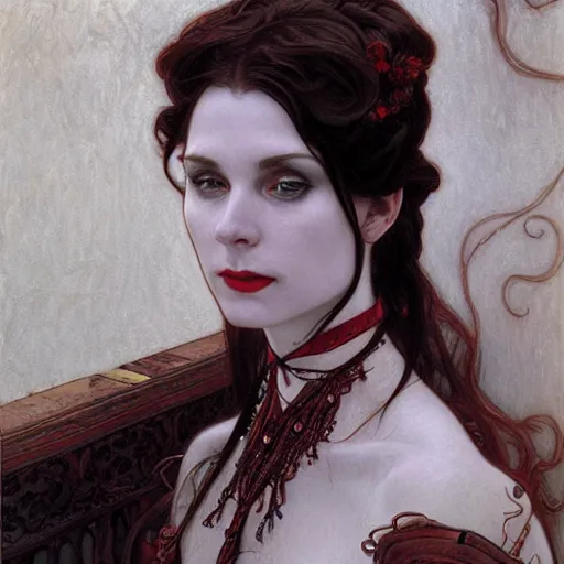 Image similar to portrait of a lady vampire, 35mm, victorian, depth of field, ominous, sharp, highly detailed, photorealistic, realistic, unreal 5, high definition, 8k, deviantart, donato giancola, irwin penn, Alphonse Mucha