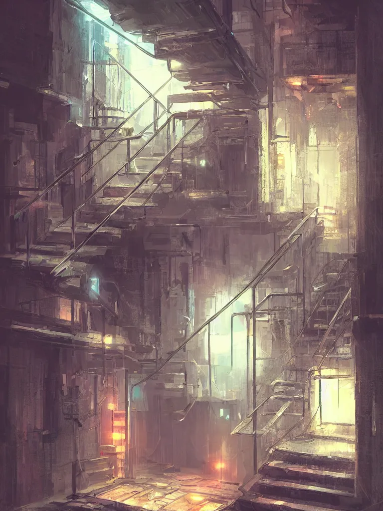 Prompt: down a basement staircase neon lights cyberpunk style digital painting concept art smooth sharp focus hyperrealistic illustration artstati