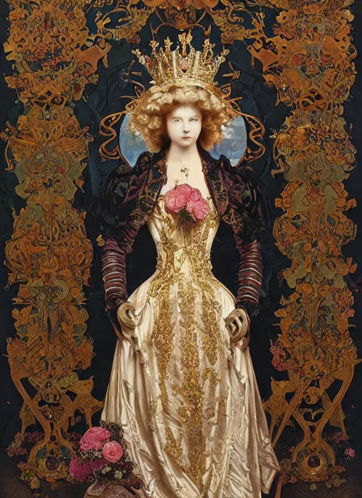 Image similar to a magnificent robot young queen elizabeth of england, neo - rococo gilded engraved armor with precious stones, a heavy richly embroidered velvet cloak, with lush rose bush all around, by victor ngai, alphonse mucha, william bouguereau, william morris, symmetrical features, symmetrical pose, wide angle shot, head to toe, standing pose, feet on the ground