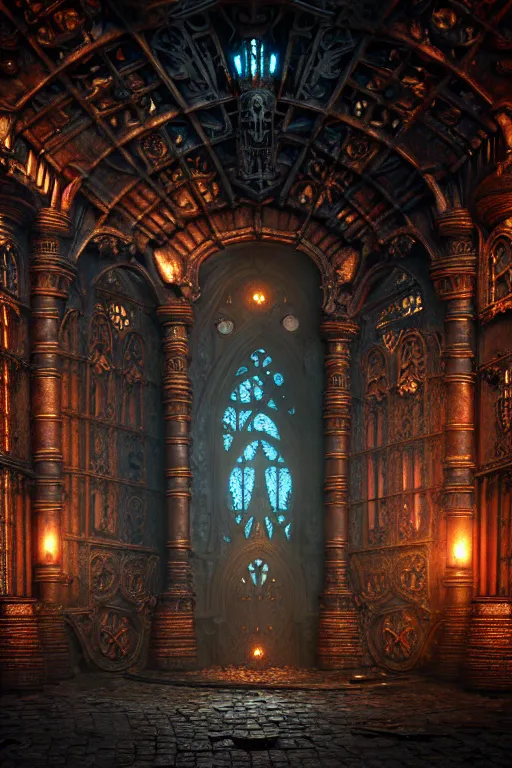 Image similar to steam necropolis, memento mori, gothic, neo - gothic, art nouveau, hyperdetailed copper patina medieval icon, stefan morrell, philippe druillet, ralph mcquarrie, concept art, steampunk, unreal engine, detailed intricate environment, octane render, moody atmospherics, volumetric lighting, ultrasharp, ominous, otherworldly