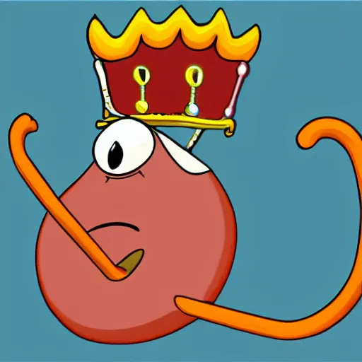 Image similar to kidney bean holding a staff, wearing crown, cartoon character, digital art, fun,