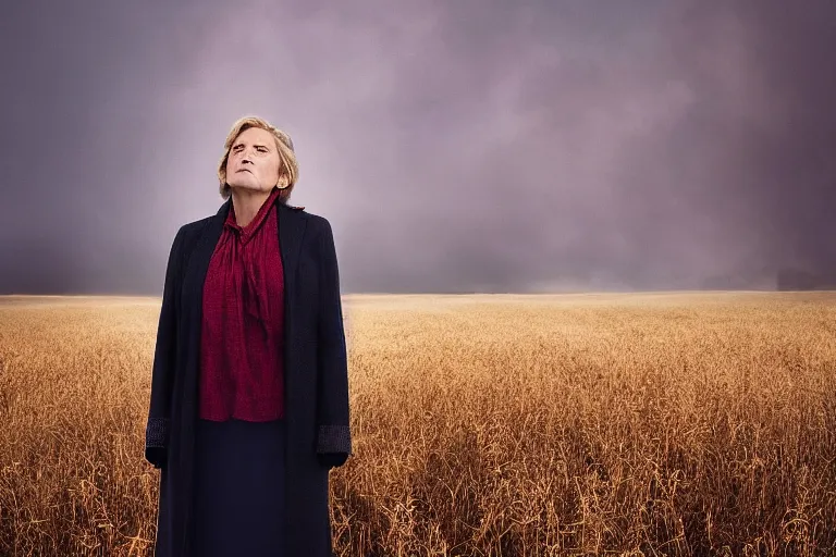 Image similar to a cinematic headshot portrait of a frozen middle aged woman stood in a field, field on fire, ultra realistic, depth, beautiful lighting, by annie leibovitz