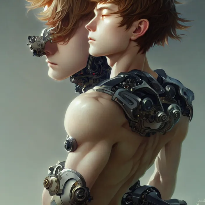 Image similar to animeboy cyborg, diffuse lighting, fantasy, intricate, elegant, highly detailed, lifelike, photorealistic, digital painting, artstation, illustration, concept art, smooth, sharp focus, art by john collier and albert aublet and krenz cushart and skunkyfly and alphonse mucha