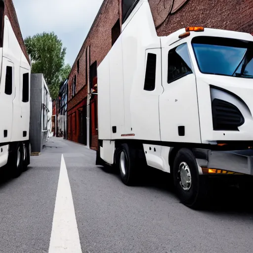 Image similar to two trucks smooching each other in a back alley