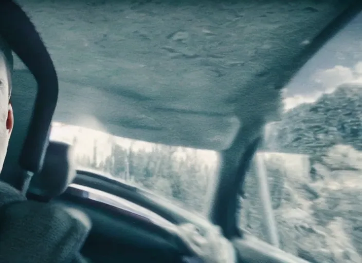 Image similar to a very high resolution image from a new movie, eminem going super saiyan driving a car. inside of a car. alone. mountains, directed by wes anderson