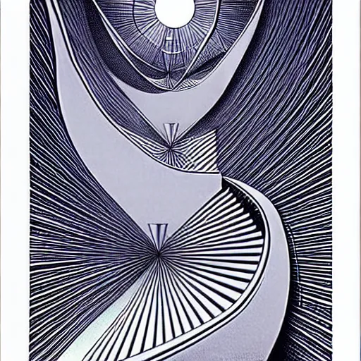 Image similar to crystal spiral stairways beyond possibility of imagining, many doors, inhabited on many levels, by Maurits Cornelis Escher, by jean giraud, shining light, clear geometry, architecture, Award winning. Masterpiece, detailed illustration