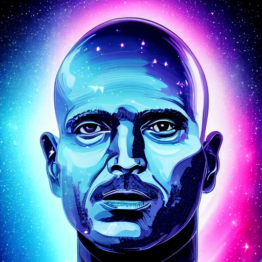 Image similar to portrait of a bald man, synthwave, universe background, nebula, galaxy, digital art