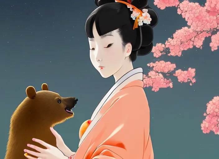 Prompt: digital painting of a girl wearing a kimono giving a peach to a large anthropomorphic asian black bear, featured in artstation, artgerm, octane render, award winning, cinematic, elegant, intricate, 8 k, close up, in the style of studio ghibli and heikala and alphonse mucha,