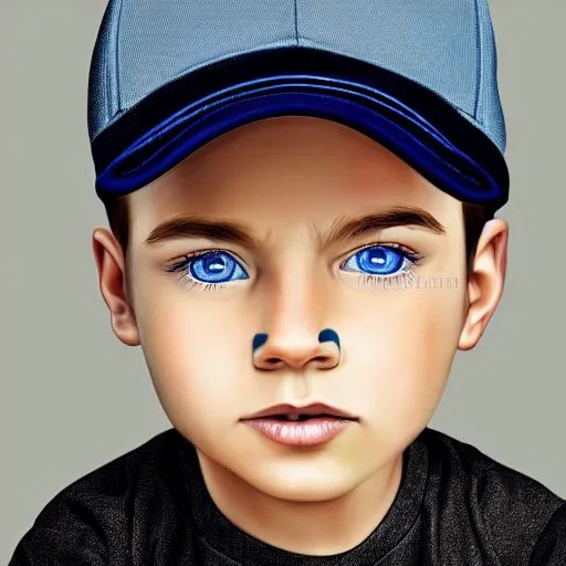 Prompt: a detailed portrait of a boy with light blue eyes wearing a black cap, realistic and detailed eyes, art illustration, incredibly highly detailed and realistic, 8 k, sharp focus