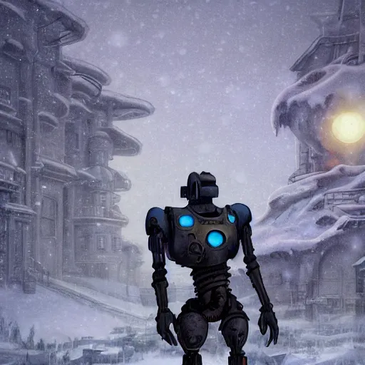 Image similar to the iron giant standing in the snow looking towards a town, full body image, steam punk, sci-fi, extremely detailed digital painting, in the style of Fenghua Zhong and Ruan Jia and Jermy lipking and peter mohrbacher, mystic colors, highly detailed, deep aesthetic, 8k, highly ornate intricate details, cinematic lighting, rich colors, digital artwork, ray tracing, hyperrealistic, photorealistic, cinematic landscape, trending on artstation,