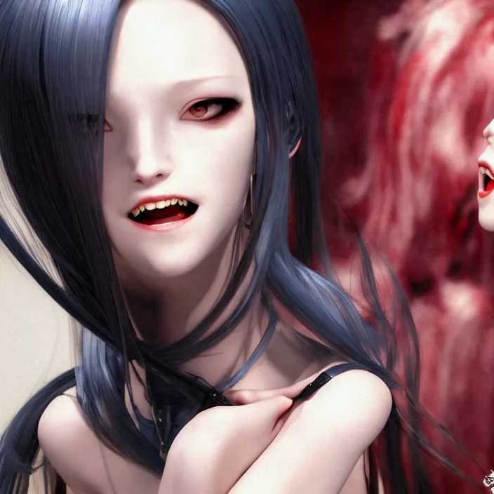 Prompt: renaissance portrait of the secretive vampire girl loner smiling at her next victim, by katsuhiro otomo, yoshitaka amano, nico tanigawa, and artgerm rendered with 3 d effect.