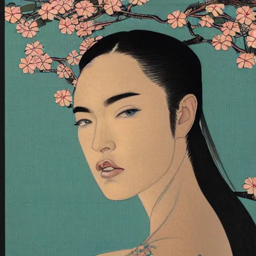 Image similar to “ megan fox portrait by ikenaga yasunari and ayana otake and ko rakusui, 6 0 s poster, drawing, realistic, sharp focus, japanese, dreamy, nostalgia, faded, golden hues, floral clothes, porcelain skin ”