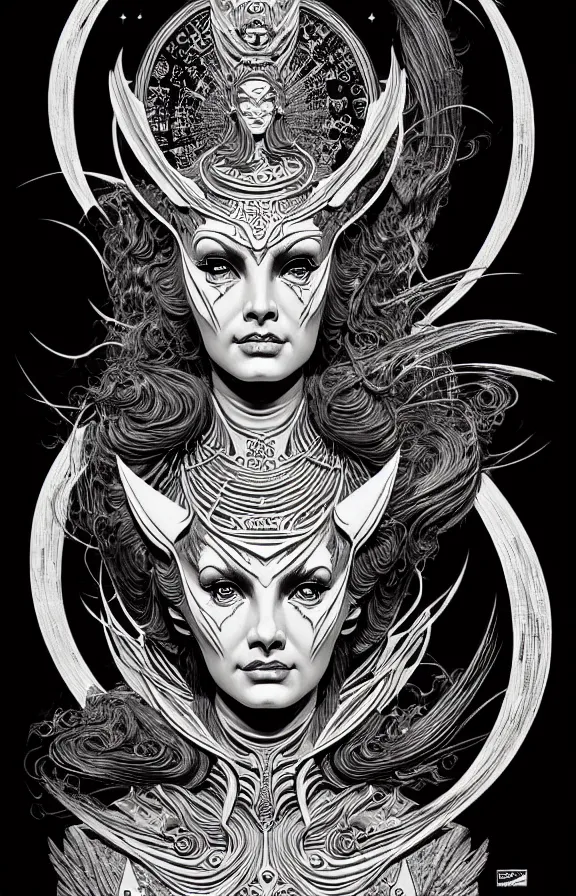 Image similar to ancient goddess, extremely detailed, bold line art, by vincent di fate and joe fenton and artgerm, oizys, inking, etching, screen print, inkblots of color, masterpiece, trending on artstation, sharp, high contrast, hyper realistic, hd, 4 k, 8 k