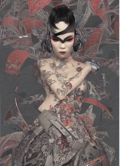Image similar to portrait of a seductive cyberpunk geisha yakuza, imari, modern fine art, fractal, in the style of ex - machina, intricate ornaments, elegant, highly detailed, digital photography, subsurface scattering, by mc escher and greg rutkowski,