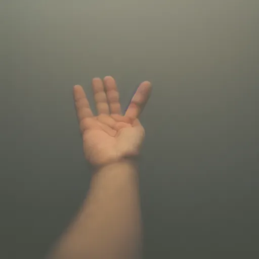 Prompt: a hand reaching out from a thick, dense fog, smokey, foggy, ambient lighting,